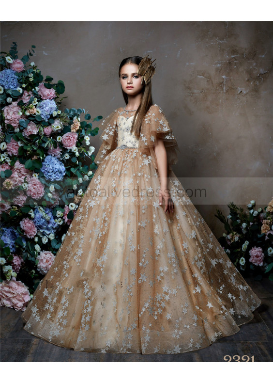 Flutter Sleeves Star Lace Tulle Keyhole Back Flower Girl Dress
